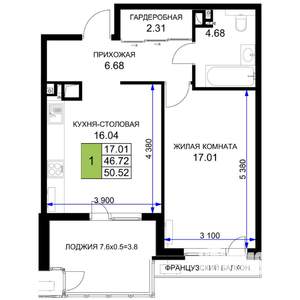 1-к квартира, вторичка, 51м2, 14/16 этаж