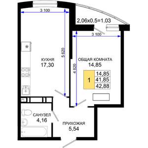 1-к квартира, строящийся дом, 43м2, 14/19 этаж