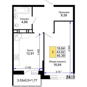 1-к квартира, строящийся дом, 45м2, 6/15 этаж
