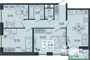 3-к квартира, вторичка, 68м2, 9/21 этаж