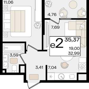 2-к квартира, вторичка, 35м2, 4/18 этаж