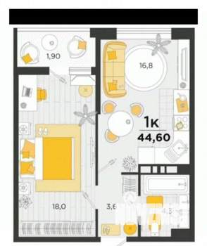 1-к квартира, вторичка, 42м2, 23/24 этаж
