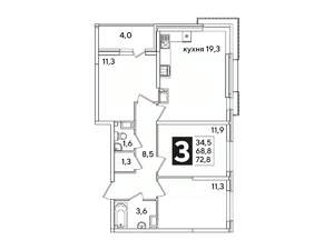 3-к квартира, вторичка, 73м2, 12/16 этаж