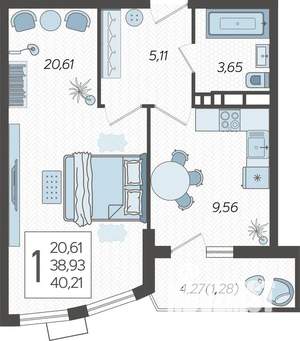 1-к квартира, строящийся дом, 40м2, 21/21 этаж