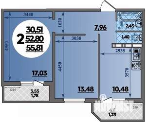 2-к квартира, строящийся дом, 56м2, 1/16 этаж