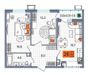 2-к квартира, сданный дом, 58м2, 4/16 этаж