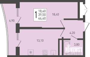 1-к квартира, строящийся дом, 46м2, 19/24 этаж