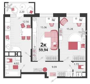 2-к квартира, строящийся дом, 60м2, 14/18 этаж