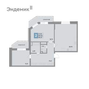 2-к квартира, вторичка, 89м2, 2/12 этаж