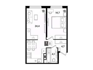 1-к квартира, вторичка, 48м2, 6/16 этаж