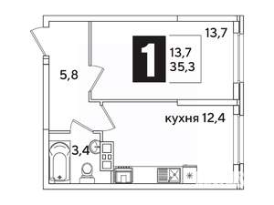 1-к квартира, вторичка, 35м2, 7/16 этаж