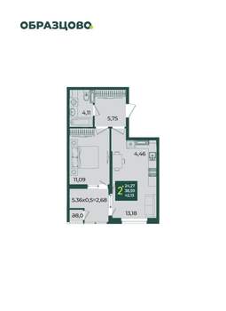 2-к квартира, строящийся дом, 42м2, 12/18 этаж