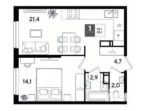 1-к квартира, вторичка, 45м2, 13/16 этаж