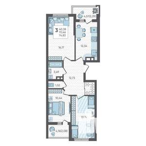 3-к квартира, вторичка, 75м2, 8/19 этаж