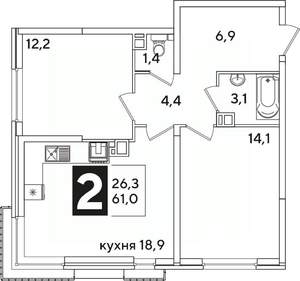 2-к квартира, вторичка, 61м2, 3/16 этаж