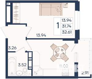 1-к квартира, вторичка, 33м2, 6/18 этаж