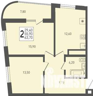 2-к квартира, строящийся дом, 64м2, 20/24 этаж