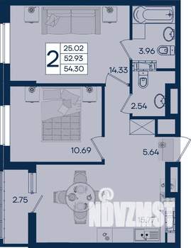 2-к квартира, вторичка, 54м2, 12/18 этаж