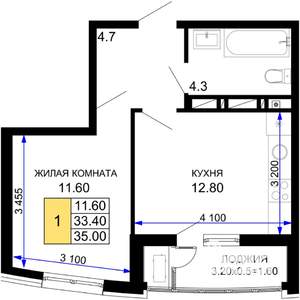 1-к квартира, вторичка, 35м2, 4/18 этаж