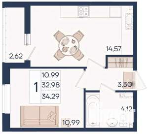 1-к квартира, вторичка, 34м2, 9/18 этаж