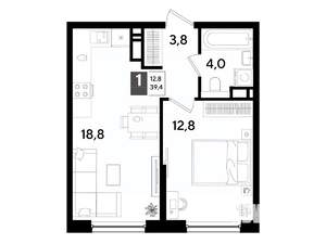 1-к квартира, вторичка, 39м2, 13/16 этаж