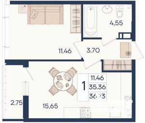 1-к квартира, вторичка, 37м2, 6/18 этаж