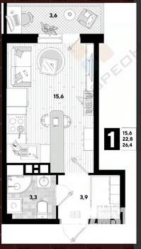 Студия квартира, вторичка, 26м2, 7/16 этаж