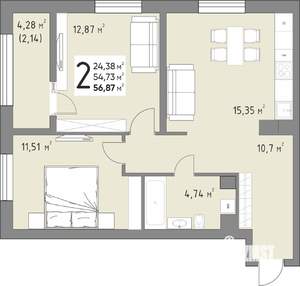 2-к квартира, вторичка, 57м2, 4/15 этаж