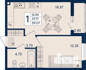 1-к квартира, вторичка, 39м2, 2/18 этаж