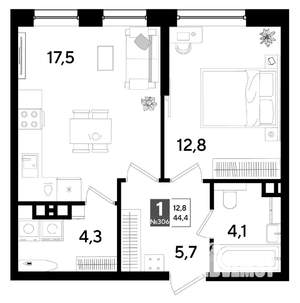 1-к квартира, строящийся дом, 44м2, 4/16 этаж