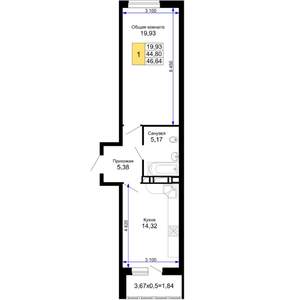 1-к квартира, вторичка, 47м2, 6/15 этаж