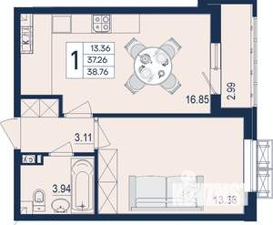 1-к квартира, вторичка, 39м2, 5/18 этаж