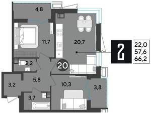 2-к квартира, вторичка, 66м2, 5/18 этаж