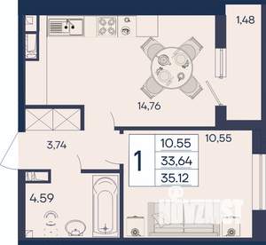 1-к квартира, вторичка, 35м2, 3/18 этаж