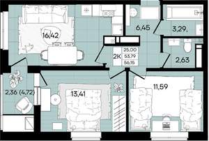 2-к квартира, вторичка, 56м2, 17/18 этаж