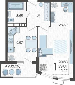 1-к квартира, вторичка, 40м2, 19/21 этаж