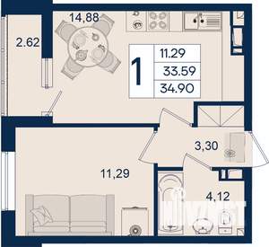 1-к квартира, вторичка, 35м2, 3/18 этаж