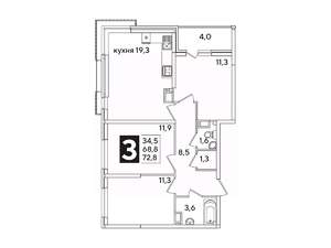 3-к квартира, вторичка, 73м2, 11/16 этаж