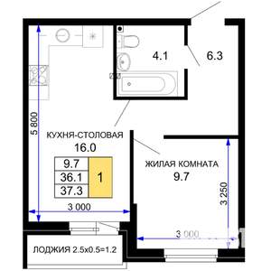 1-к квартира, вторичка, 37м2, 2/16 этаж