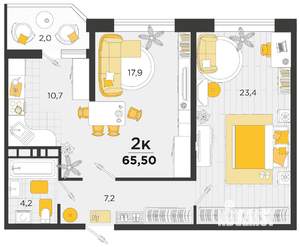 2-к квартира, строящийся дом, 65м2, 8/24 этаж