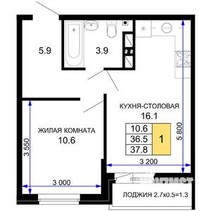 1-к квартира, вторичка, 38м2, 12/16 этаж