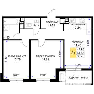 2-к квартира, вторичка, 65м2, 5/16 этаж