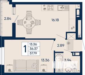 1-к квартира, вторичка, 38м2, 9/18 этаж