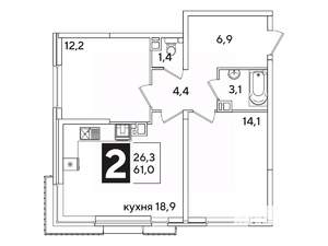 2-к квартира, вторичка, 61м2, 7/16 этаж