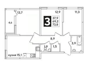 3-к квартира, вторичка, 73м2, 3/16 этаж