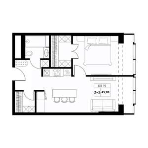2-к квартира, строящийся дом, 46м2, 15/19 этаж