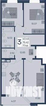 3-к квартира, строящийся дом, 77м2, 7/18 этаж