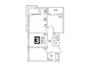 3-к квартира, вторичка, 73м2, 9/16 этаж