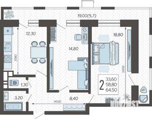 2-к квартира, строящийся дом, 66м2, 2/12 этаж