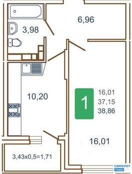 1-к квартира, вторичка, 39м2, 9/16 этаж